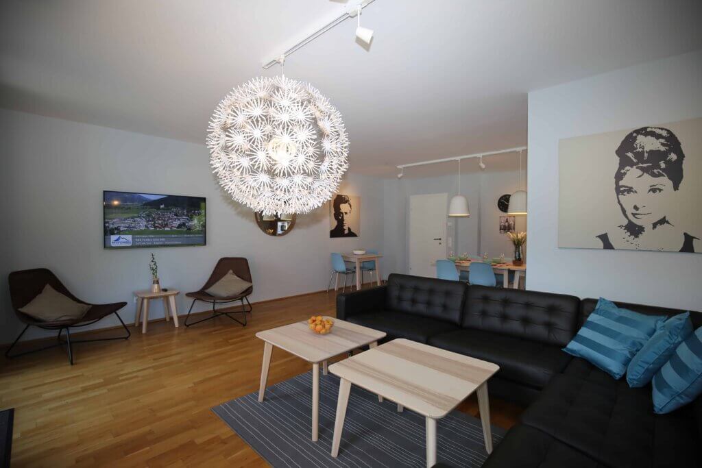 Gemütlicher Wohnbereich im Appartement Svea mit modernem Design und stilvollen Möbeln.